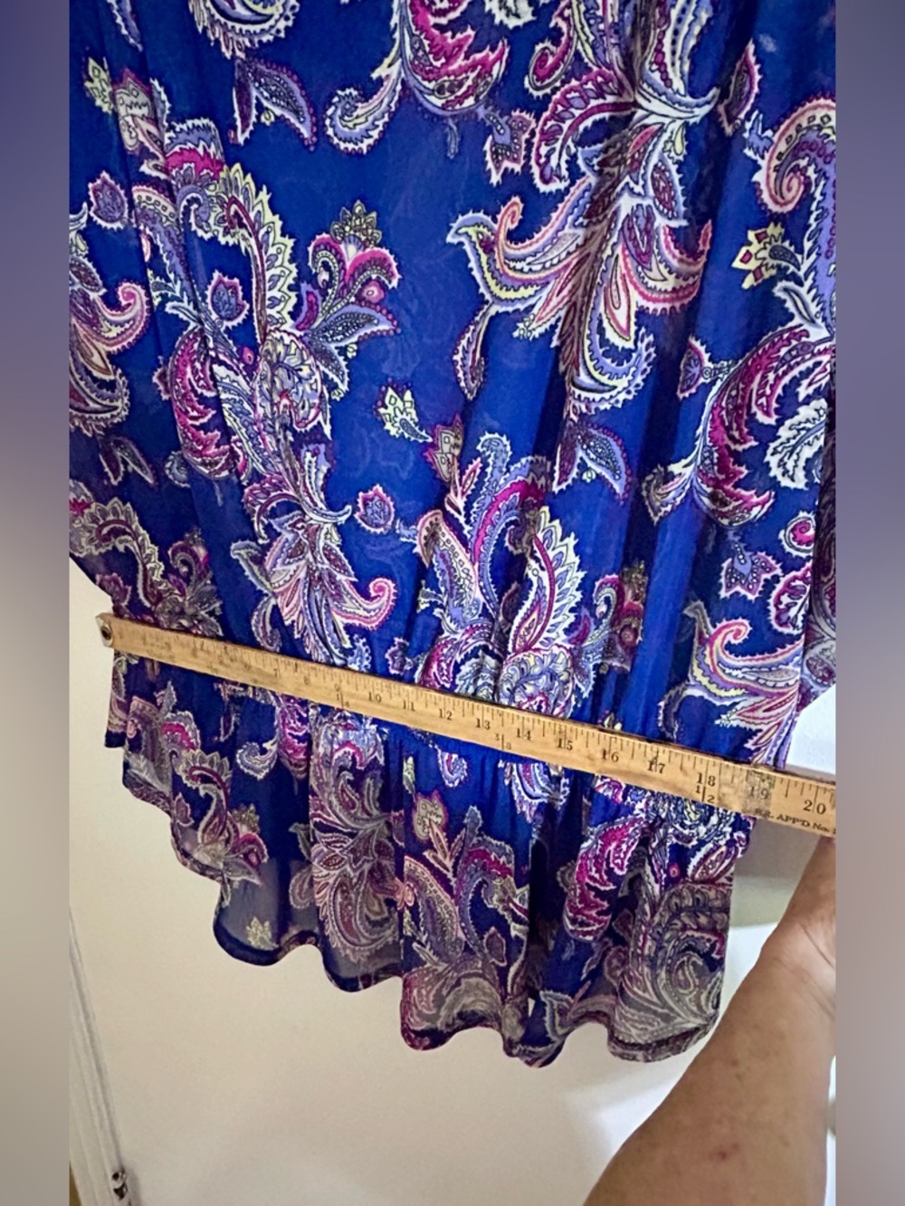 Pure Energy Peplum Tunic Blouse Size 3 Plus Navy Pink Paisley Top Elastic Sheer - Picture 8 of 12